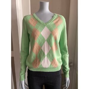 IZOD Pastel Green Argyle V-Neck Sweater sz S